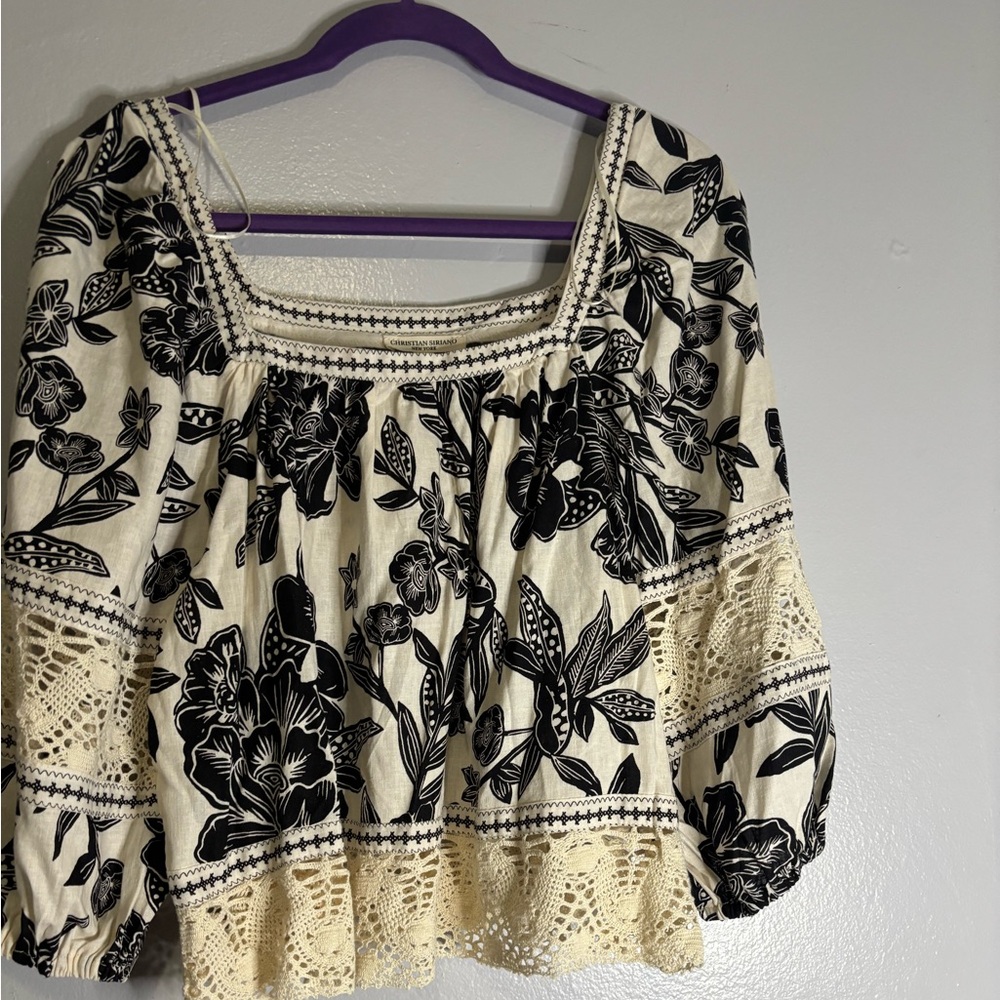 Christian Siriano Black Floral on Cream Crochet Trim Peasant Blouse
